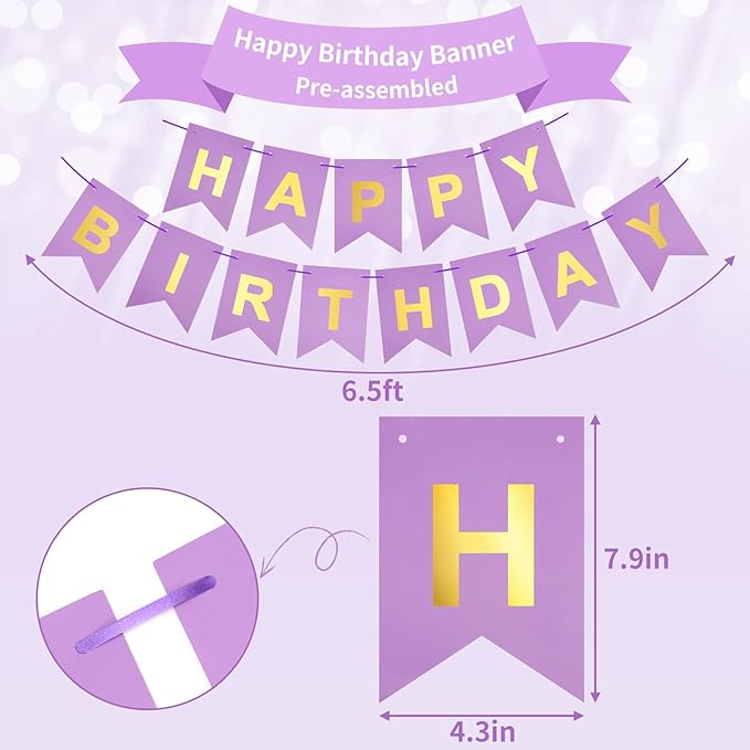 Purple Pink Birthday Party Decorations Set With Happy Birthday Banner, Tissue Paper Pompoms, Tassel Garland, and Circle Dots Garland for Women Girls