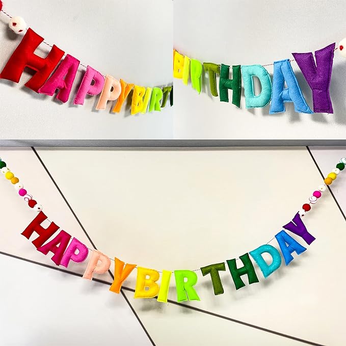 Pre-Strung Happy Birthday Banner - Handmade Wool Felt Ball Garland, Rainbow Party Decorations, Reusable Happy Birthday Garland, Personalized Holiday Sign for Kids Room Decor, Party Decor, Photo Prop