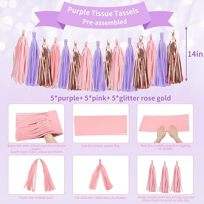 Purple Pink Birthday Party Decorations Set With Happy Birthday Banner, Tissue Paper Pompoms, Tassel Garland, and Circle Dots Garland for Women Girls