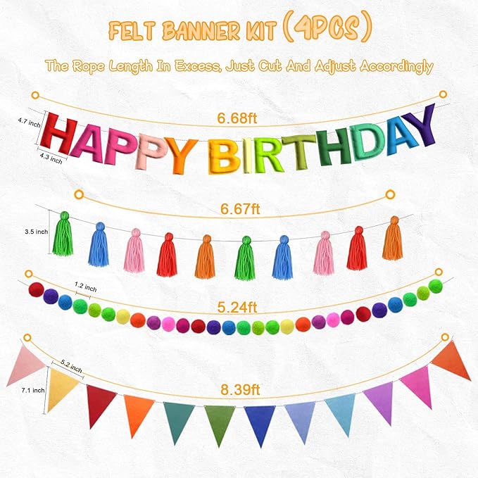 4PCS Pre-Strung Happy Birthday Banner - Felt Happy Birthday Garland, Ball Garland, Felt Pennant Flag, Colorful Thread Tassel Rainbow Party Decorations for Women Men Kids