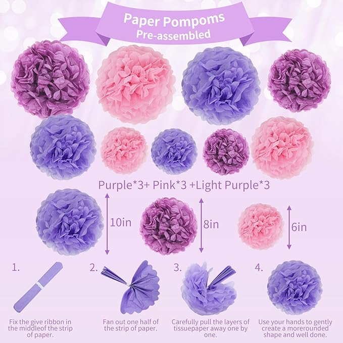 Purple Pink Birthday Party Decorations Set With Happy Birthday Banner, Tissue Paper Pompoms, Tassel Garland, and Circle Dots Garland for Women Girls
