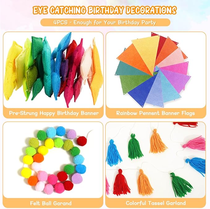 4PCS Pre-Strung Happy Birthday Banner - Felt Happy Birthday Garland, Ball Garland, Felt Pennant Flag, Colorful Thread Tassel Rainbow Party Decorations for Women Men Kids