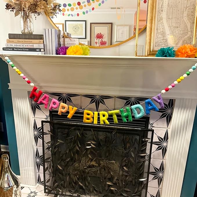 Pre-Strung Happy Birthday Banner - Handmade Wool Felt Ball Garland, Rainbow Party Decorations, Reusable Happy Birthday Garland, Personalized Holiday Sign for Kids Room Decor, Party Decor, Photo Prop