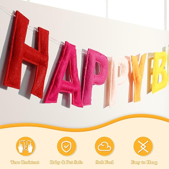 4PCS Pre-Strung Happy Birthday Banner - Felt Happy Birthday Garland, Ball Garland, Felt Pennant Flag, Colorful Thread Tassel Rainbow Party Decorations for Women Men Kids
