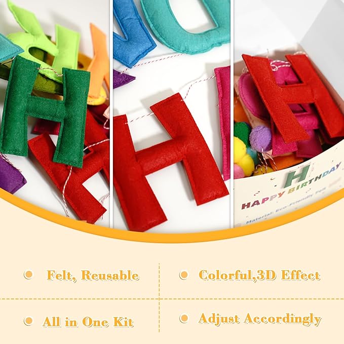 4PCS Pre-Strung Happy Birthday Banner - Felt Happy Birthday Garland, Ball Garland, Felt Pennant Flag, Colorful Thread Tassel Rainbow Party Decorations for Women Men Kids