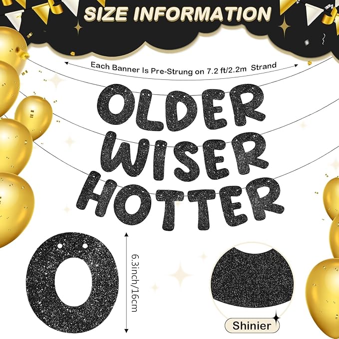 Set of 3 Pre Strung Older Wiser Hotter Glitter Banner Funny Birthday Banner for Women 30th 40th 50th 60th 70th 80th Birthday Party Decorations Sign Gift(Black)