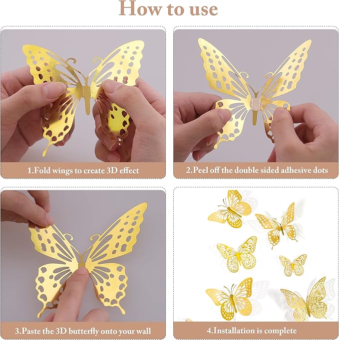 3D Butterfly Wall Decor - 48 Pcs, 4 Styles, 3 Sizes, Gold Butterfly Decorations for Birthday & Party Celebrations, Removable Stickers