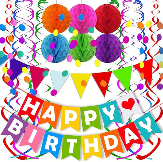 Colorful Happy Birthday Banner Paper Triangle Flag Bunting Circle Confetti Dots Hanging Garland And Honeycomb Ball Swirl Streamers for Birthday Baby Shower Party Decoration