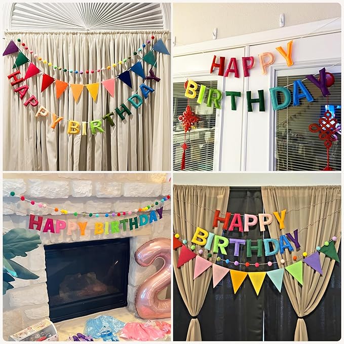 4PCS Pre-Strung Happy Birthday Banner - Felt Happy Birthday Garland, Ball Garland, Felt Pennant Flag, Colorful Thread Tassel Rainbow Party Decorations for Women Men Kids