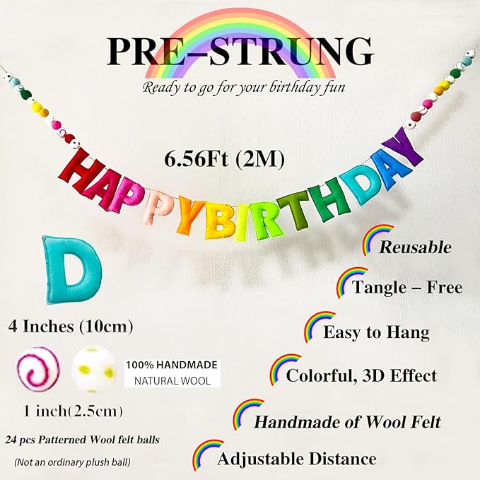 Pre-Strung Happy Birthday Banner - Handmade Wool Felt Ball Garland, Rainbow Party Decorations, Reusable Happy Birthday Garland, Personalized Holiday Sign for Kids Room Decor, Party Decor, Photo Prop