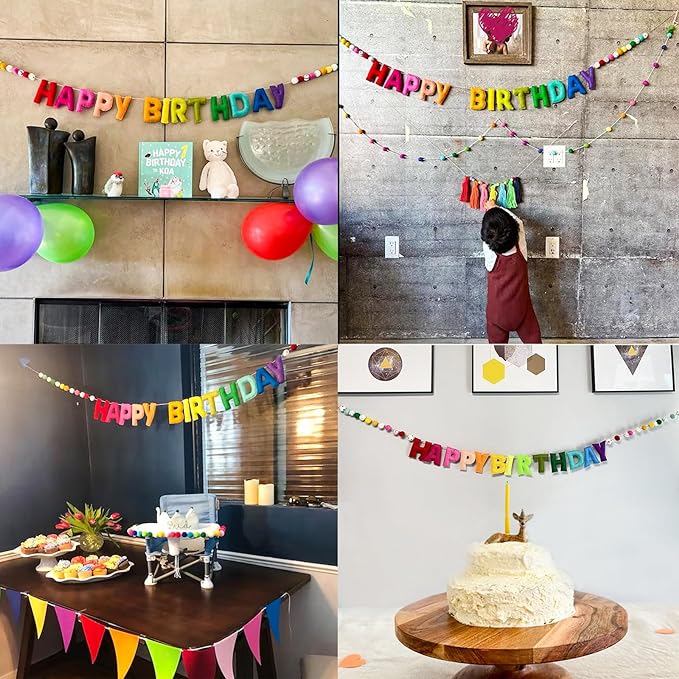 Pre-Strung Happy Birthday Banner - Handmade Wool Felt Ball Garland, Rainbow Party Decorations, Reusable Happy Birthday Garland, Personalized Holiday Sign for Kids Room Decor, Party Decor, Photo Prop