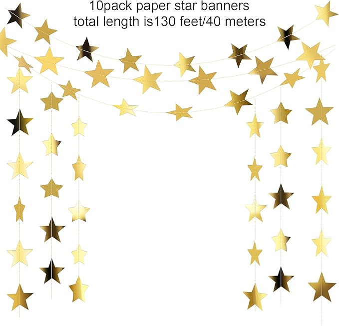 Glitter Star Garland Banner Decor, 130 Feet Star Hanging Bunting Banner Bright Backdrop for 2025 Graduation Prom Wedding Birthday Christmas Party Supplies(Gold)