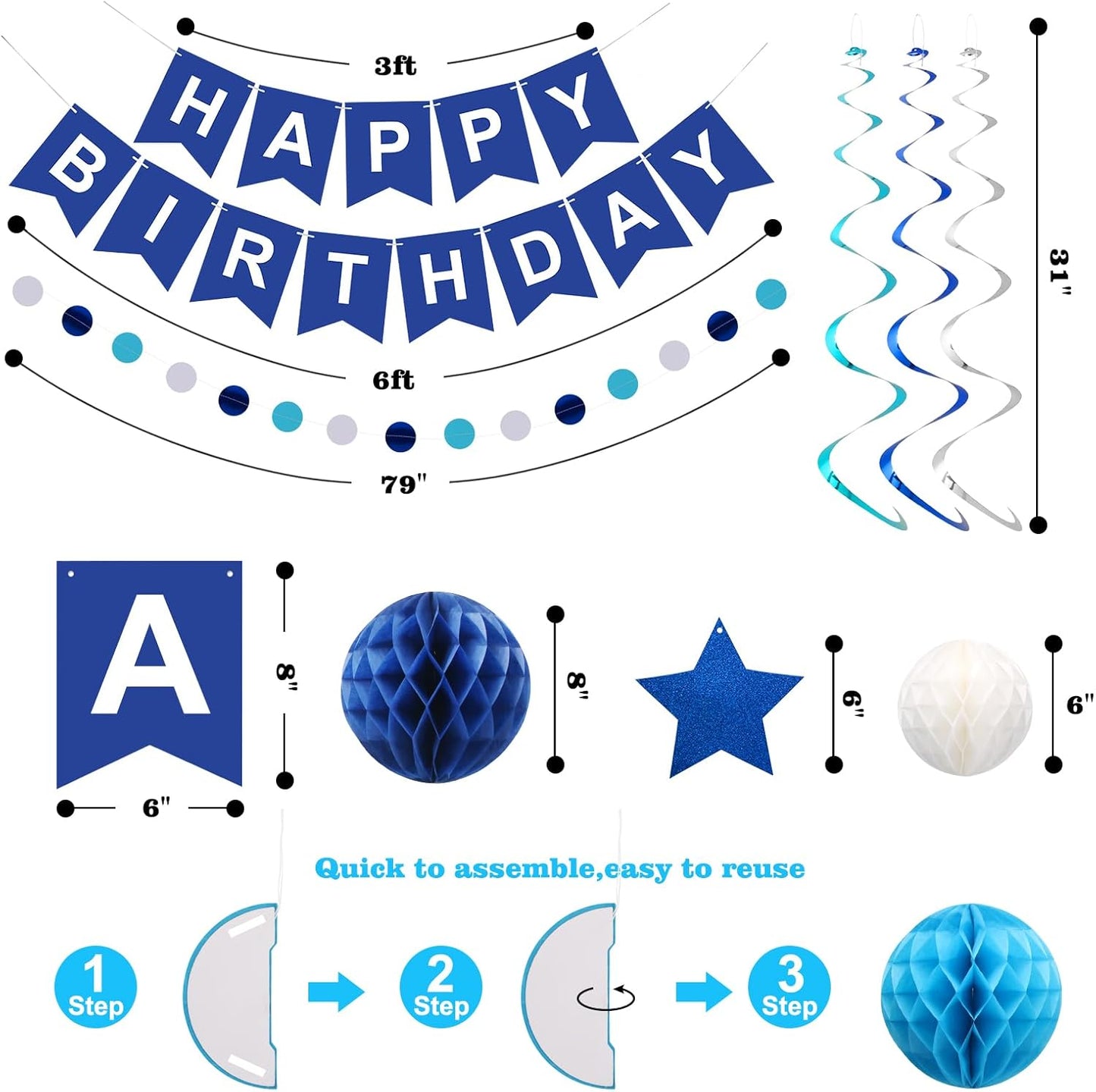 Birthday Decorations, Happy Birthday Banner with Honeycomb Balls, Stars Hanging Swirl Streamers, Circle Dots Garland, Happy Birthday Party Decorations for Women Men Boys Girls (Blue)