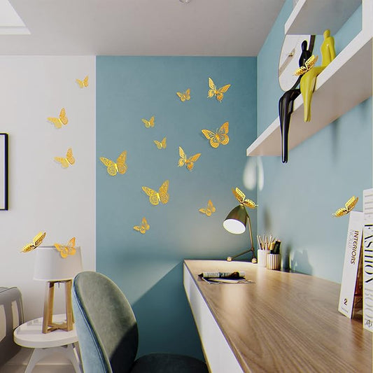 3D Butterfly Wall Decor - 48 Pcs, 4 Styles, 3 Sizes, Gold Butterfly Decorations for Birthday & Party Celebrations, Removable Stickers