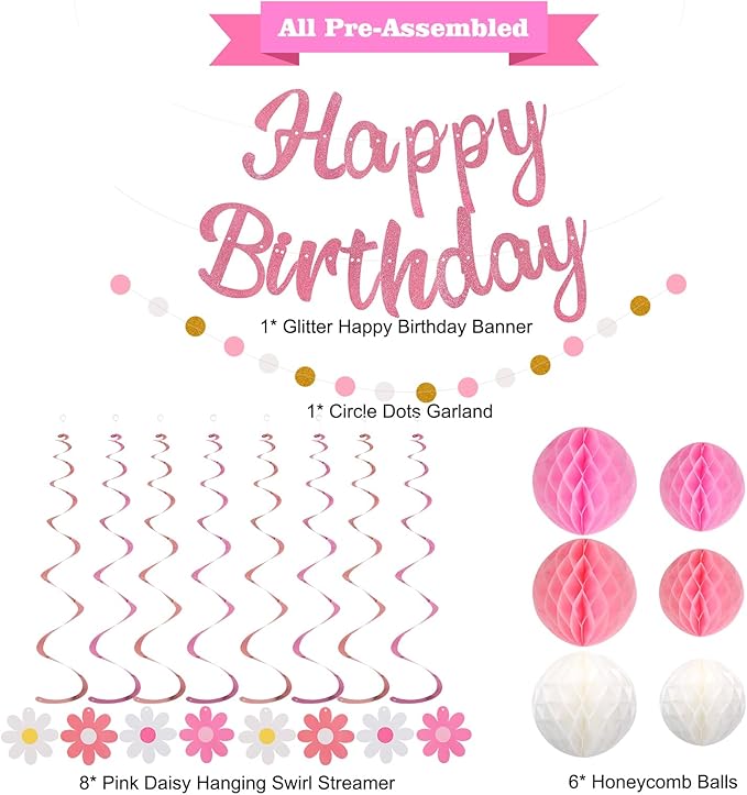 Birthday Decorations, NO DIY, Pre-Strung Happy Birthday Banner with Honeycomb Balls, Hanging Swirls, Circle Dots Garland, Happy Birthday Party Decorations for Women Men Boys Girls (Pink)