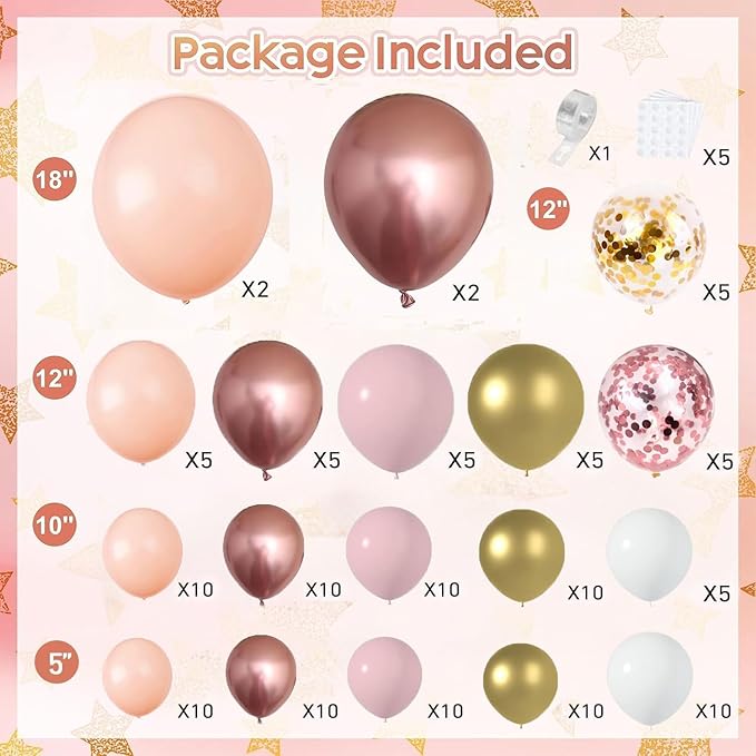 Rose Gold Balloon Garland Kit, Nude Pastel Pink Metallic Gold Matte White Balloons Gold and Rose Gold Confetti Balloons for Wedding Bridal Shower Princess Party Girl Birthday Baby Shower Decorations