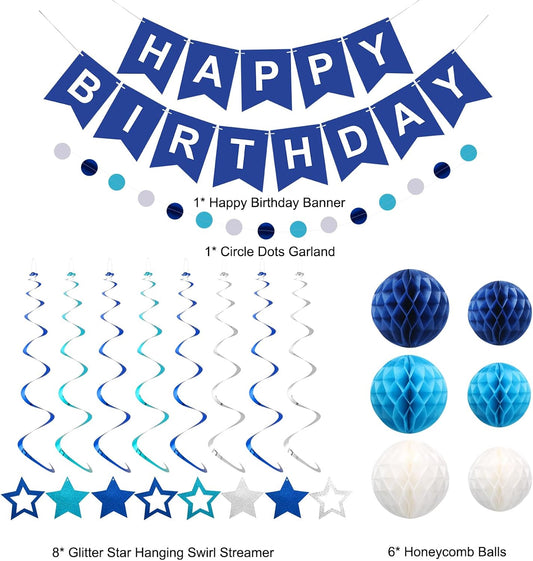 Birthday Decorations, Happy Birthday Banner with Honeycomb Balls, Stars Hanging Swirl Streamers, Circle Dots Garland, Happy Birthday Party Decorations for Women Men Boys Girls (Blue)