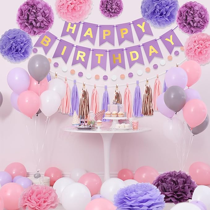 Purple Pink Birthday Party Decorations Set With Happy Birthday Banner, Tissue Paper Pompoms, Tassel Garland, and Circle Dots Garland for Women Girls