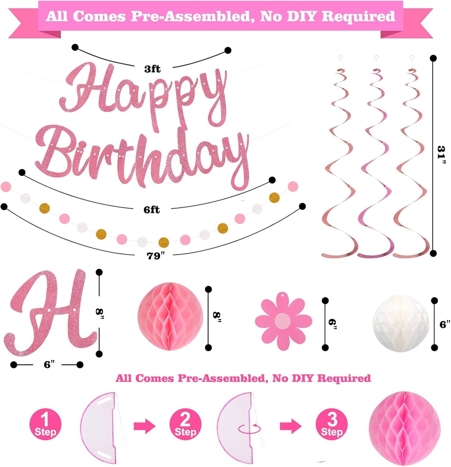 Birthday Decorations, NO DIY, Pre-Strung Happy Birthday Banner with Honeycomb Balls, Hanging Swirls, Circle Dots Garland, Happy Birthday Party Decorations for Women Men Boys Girls (Pink)