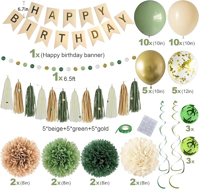 Green Birthday Party Decorations for Women Girls with Happy Birthday Banner,Tissue Paper Pompoms, Paper Tassel,Circle Garland,Hanging Swirl,Birthday Balloons for Party Decor (sage green)