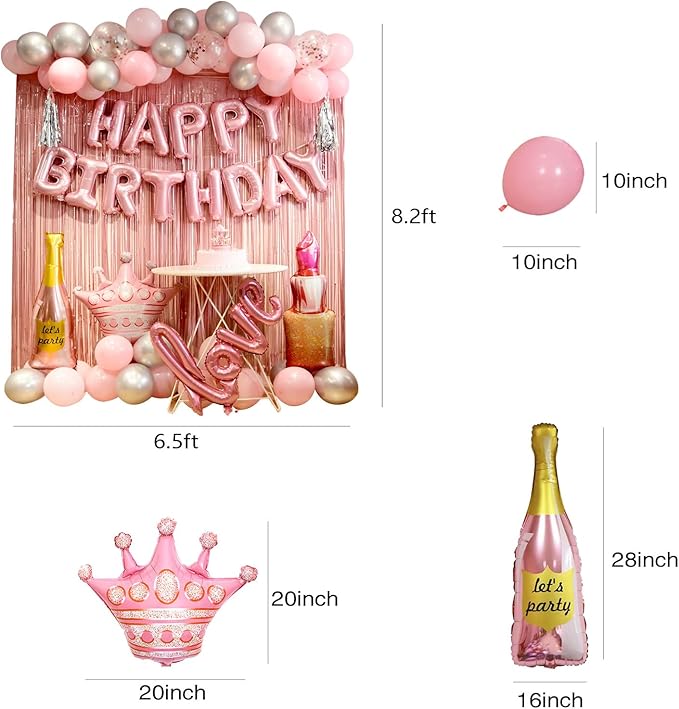 pink birthday decorations for women ，happy birthday party decorations for girls，pink Fringe Curtain，happy birthday banner，happy birthday balloons，happy birthday balloon letters