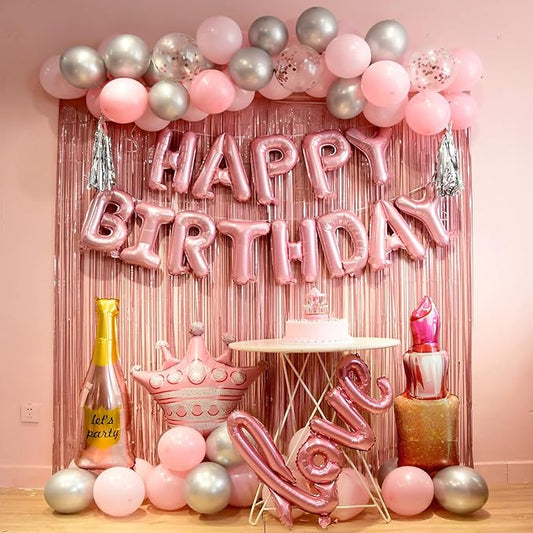 pink birthday decorations for women ，happy birthday party decorations for girls，pink Fringe Curtain，happy birthday banner，happy birthday balloons，happy birthday balloon letters