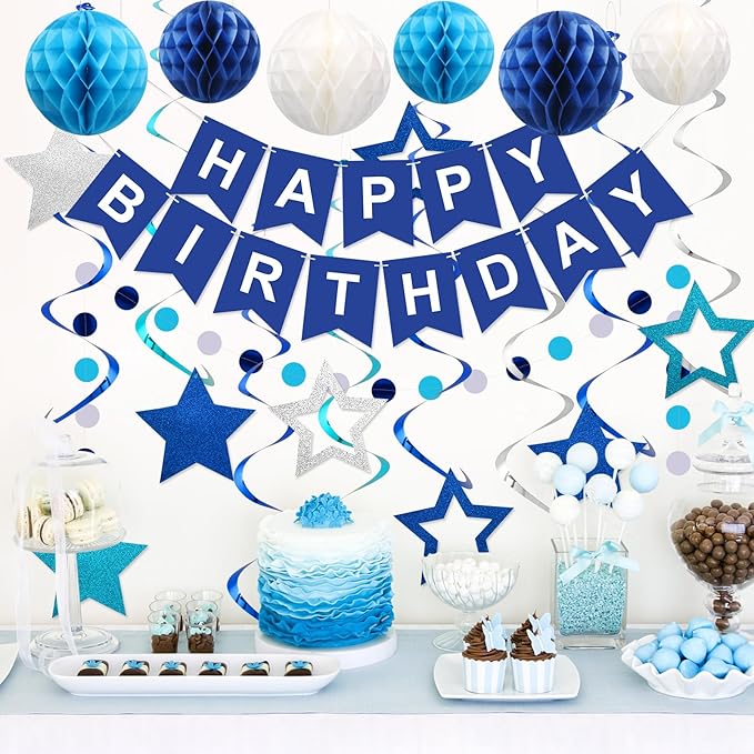 Birthday Decorations, Happy Birthday Banner with Honeycomb Balls, Stars Hanging Swirl Streamers, Circle Dots Garland, Happy Birthday Party Decorations for Women Men Boys Girls (Blue)