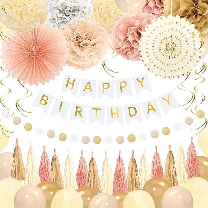 Champagne Gold Fall Boho Birthday Decorations for Women Girls Beige Cream Neutral Party Decorations Happy Birthday Banner, Balloons, Tissue Pom Poms, Paper Fans Streamers Party Decor