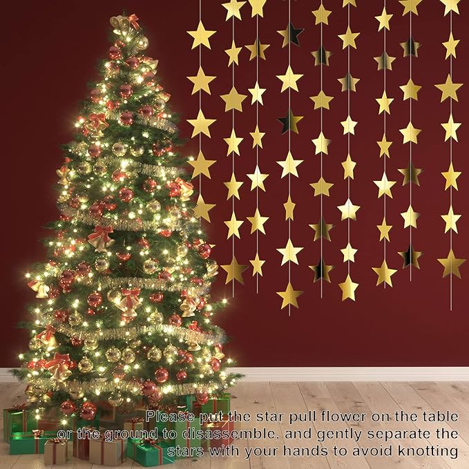 Glitter Star Garland Banner Decor, 130 Feet Star Hanging Bunting Banner Bright Backdrop for 2025 Graduation Prom Wedding Birthday Christmas Party Supplies(Gold)