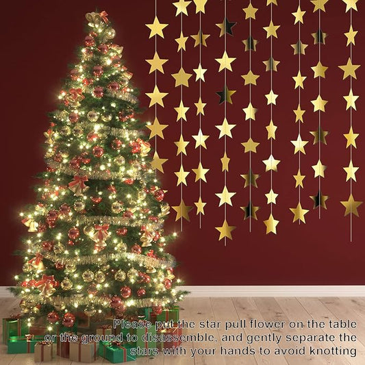 Glitter Star Garland Banner Decor, 130 Feet Star Hanging Bunting Banner Bright Backdrop for 2025 Graduation Prom Wedding Birthday Christmas Party Supplies(Gold)