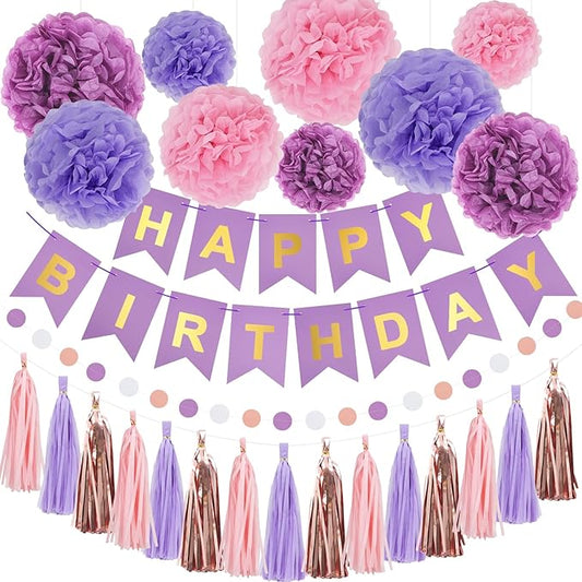 Purple Pink Birthday Party Decorations Set With Happy Birthday Banner, Tissue Paper Pompoms, Tassel Garland, and Circle Dots Garland for Women Girls