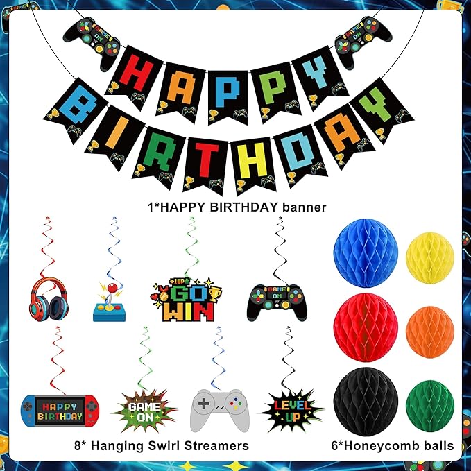Video Game Birthday Decorations Game Theme Party Decorations Kit Includes Happy Birthday Gaming Banner Hanging Swirls Honeycomb Balls for Gaming Theme Birthdays Party