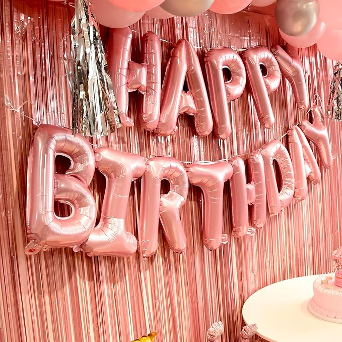 pink birthday decorations for women ，happy birthday party decorations for girls，pink Fringe Curtain，happy birthday banner，happy birthday balloons，happy birthday balloon letters