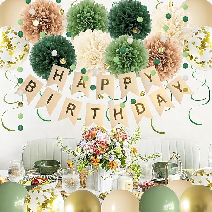 Green Birthday Party Decorations for Women Girls with Happy Birthday Banner,Tissue Paper Pompoms, Paper Tassel,Circle Garland,Hanging Swirl,Birthday Balloons for Party Decor (sage green)