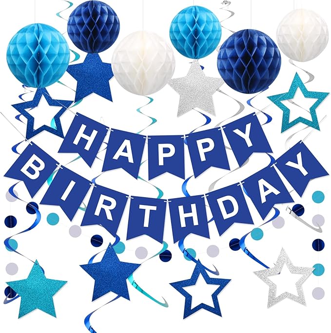 Birthday Decorations, Happy Birthday Banner with Honeycomb Balls, Stars Hanging Swirl Streamers, Circle Dots Garland, Happy Birthday Party Decorations for Women Men Boys Girls (Blue)