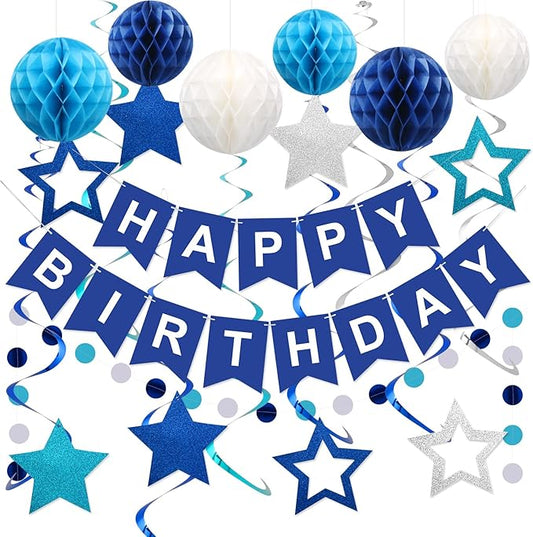 Birthday Decorations, Happy Birthday Banner with Honeycomb Balls, Stars Hanging Swirl Streamers, Circle Dots Garland, Happy Birthday Party Decorations for Women Men Boys Girls (Blue)