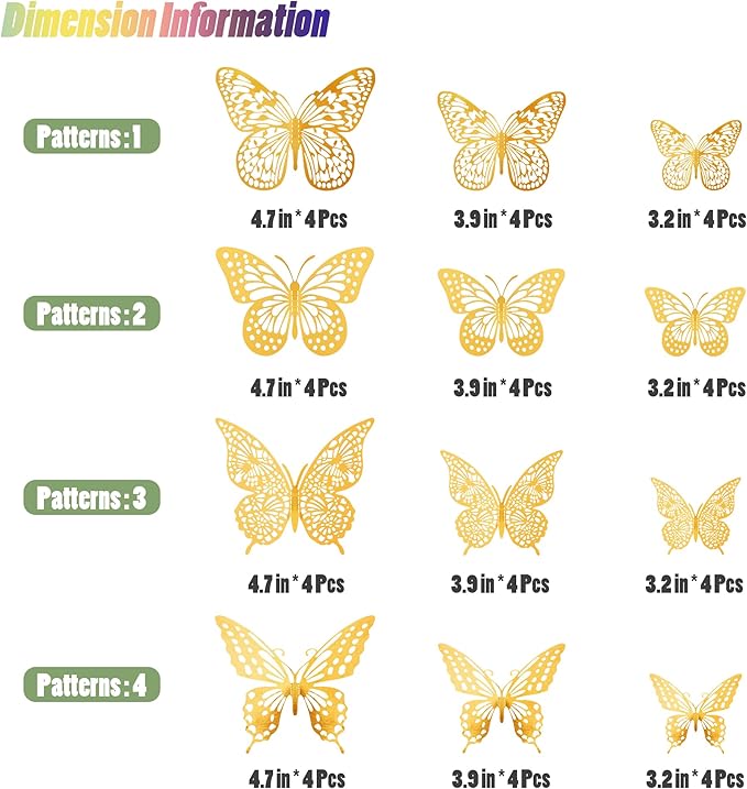 3D Butterfly Wall Decor - 48 Pcs, 4 Styles, 3 Sizes, Gold Butterfly Decorations for Birthday & Party Celebrations, Removable Stickers