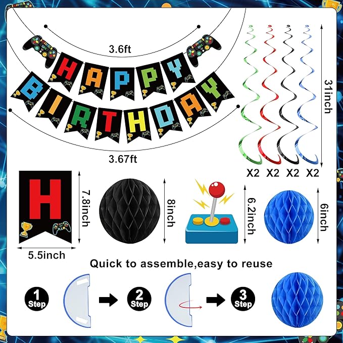 Video Game Birthday Decorations Game Theme Party Decorations Kit Includes Happy Birthday Gaming Banner Hanging Swirls Honeycomb Balls for Gaming Theme Birthdays Party
