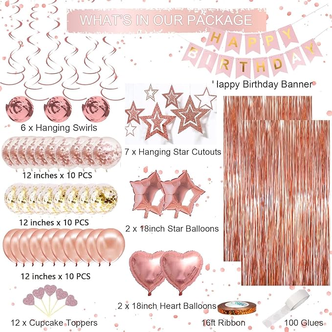 Rose Gold Birthday Party Decorations, Happy Birthday Banner, Rose Gold Fringe Curtain, Heart Star Foil Confetti Balloons, Hanging Swirls for Women Girls Birthdays Princess Party