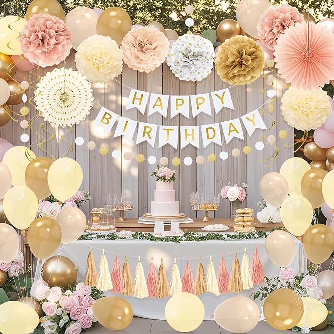 Champagne Gold Fall Boho Birthday Decorations for Women Girls Beige Cream Neutral Party Decorations Happy Birthday Banner, Balloons, Tissue Pom Poms, Paper Fans Streamers Party Decor