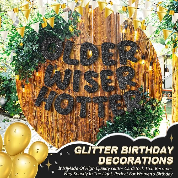 Set of 3 Pre Strung Older Wiser Hotter Glitter Banner Funny Birthday Banner for Women 30th 40th 50th 60th 70th 80th Birthday Party Decorations Sign Gift(Black)